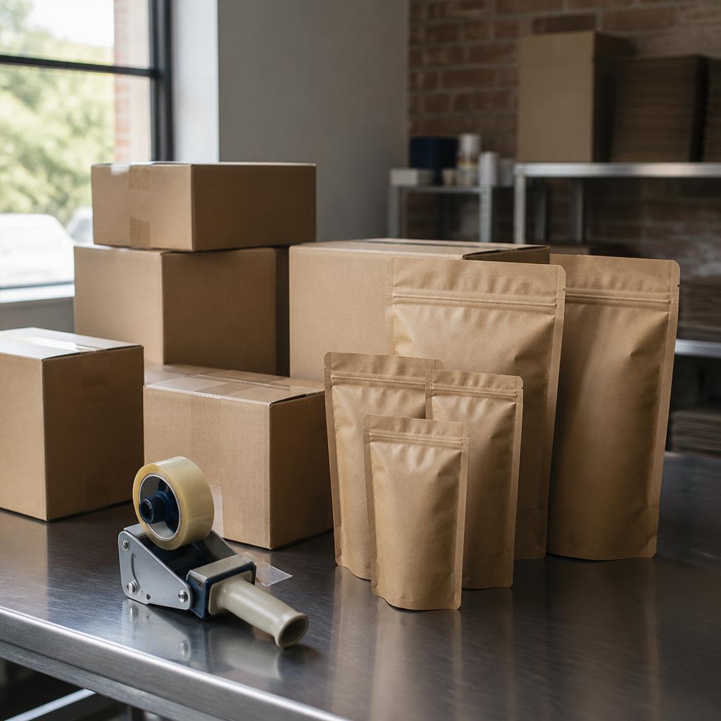 Kraft cartons and pouches staged on a stainless packing table